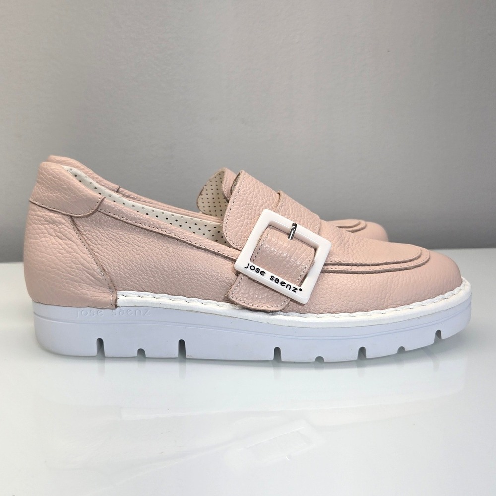 Womens Comfort Platform Loafers EU 38 US 7.5 Nude Pebbled Leather Buckle Walking